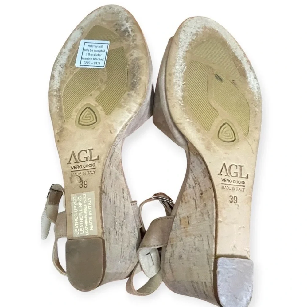 AGL Women Nude Shimmer Suede Cork Wedge Sandal 39 Attilio Giusti Leombruni Italy